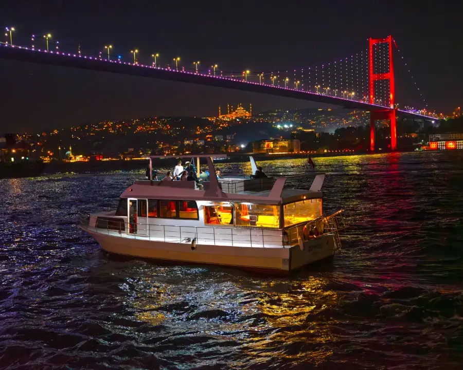 Illuminated yacht cruising beneath the Bosphorus Bridge at night